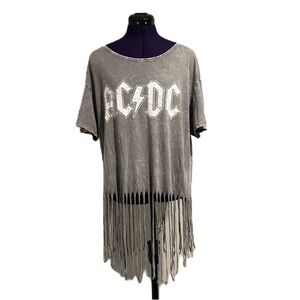 AC/DC Gray White Logo Fringe Short Sleeve Top